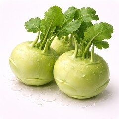 Kohlrabi bulbs with attached leafy stems, smooth pale-green glossy skin, spherical form, realistic moisture droplets, strong rounded 3D depth, soft gradient shading