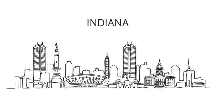 Indiana state skyline featuring Indianapolis city landmarks and monument illustrated in a continuous one line drawing style.