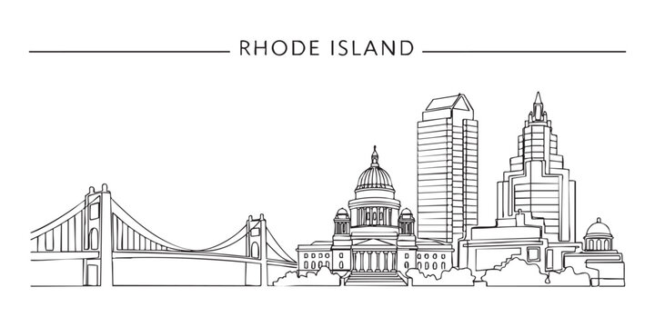 Rhode Island state skyline featuring Providence buildings and Newport bridge illustrated in a continuous one line drawing style.