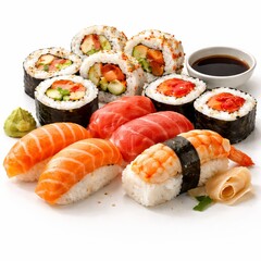 Sushi rolls and nigiri arranged precisely, glossy rice grains, fresh fish sheen, subtle moisture highlights, strong rounded 3D depth, soft diffused lighting