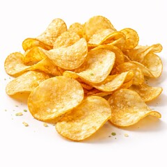 Thin potato chips scattered naturally, curled crispy shapes, golden glossy surface, subtle oil highlights, rounded 3D volume, soft studio lighting