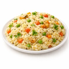 Upma with grainy semolina texture, soft matte surface with gentle gloss, visible mustard seeds and vegetables, rounded scooped 3D volume, soft diffused lighting