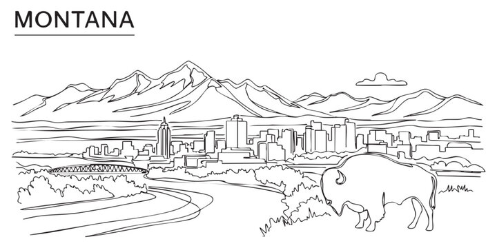 Montana state skyline featuring mountain landscape and bison illustrated in a continuous one line drawing style.