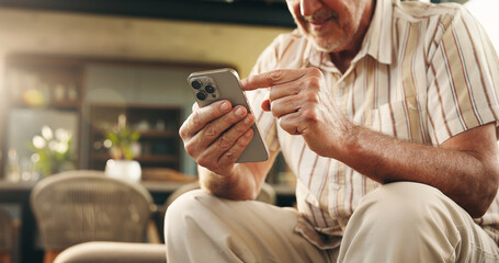 Old man, hands and scroll in house with phone for social media, text message or digital news...
