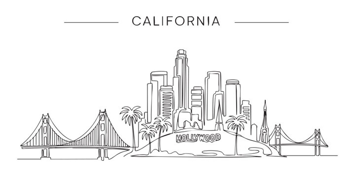California state skyline featuring Los Angeles, San Francisco bridge and Hollywood sign illustrated in a continuous one line drawing style.
