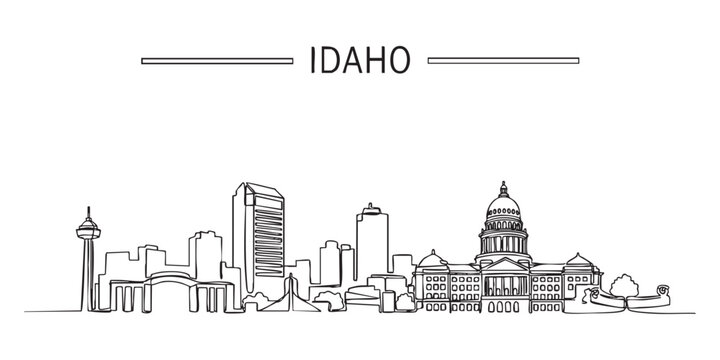 Idaho state skyline featuring Boise capitol building and city illustrated in a continuous one line drawing style.