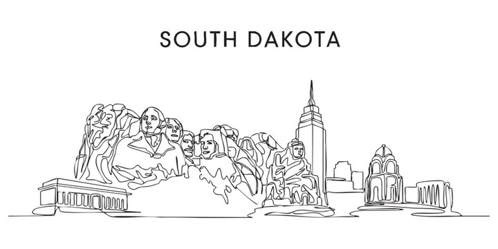 South Dakota state skyline featuring Mount Rushmore National Memorial illustrated in a continuous one line drawing style.