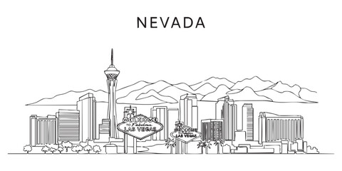Obraz premium Nevada state skyline featuring Las Vegas Strip and Welcome sign illustrated in a continuous one line drawing style.