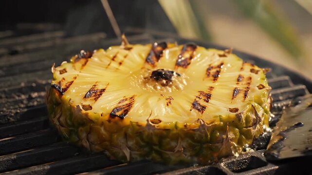 Grilled pineapple slice cooking on barbecue