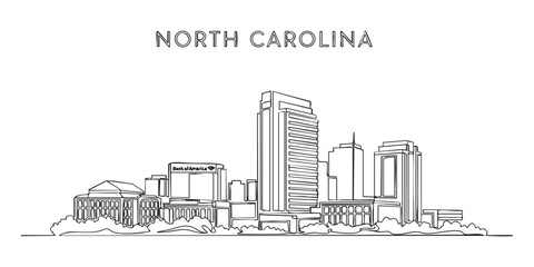 Naklejka premium North Carolina state skyline featuring Charlotte city buildings illustrated in a continuous one line drawing style.