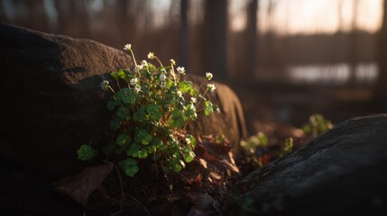 Obraz premium Tiny white wildflowers with green leaves emerging from damp earth beside a large rock at sunrise