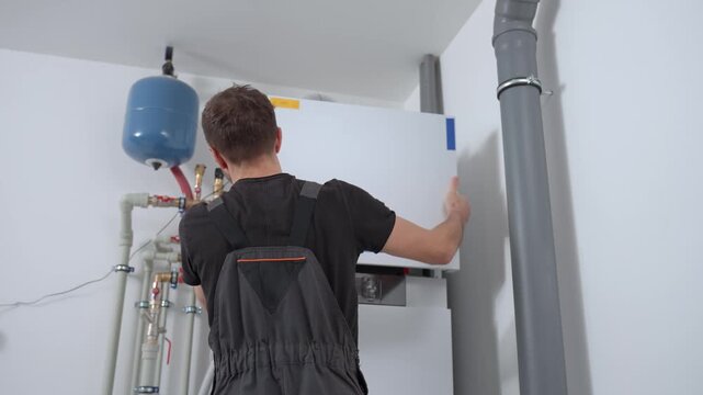 Technician open control panel with internal wiring to inspecting heat pump unit. Specialist servicing heating and cooling system. Concept of HVAC maintenance, home heating system and energy efficiency - Powered by Adobe