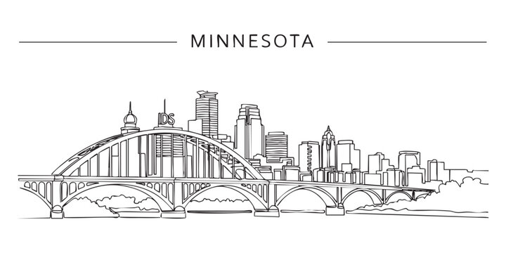 Minnesota state skyline featuring Minneapolis bridge and buildings illustrated in a continuous one line drawing style.
