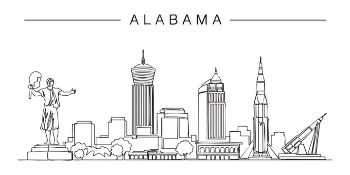 Alabama state skyline with Vulcan statue and space rocket illustrated in a continuous one line drawing style.