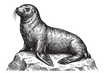 Sea lion sitting on a rock Vintage Engraving Style Illustration © trianatio