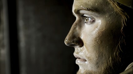 A man with a serious expression and brown hair, clay-covered, against a dark background.