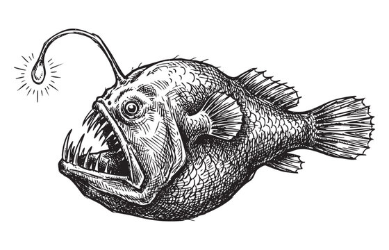 Deep sea anglerfish with lure illustrated in a vintage black and white engraving style