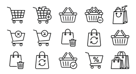Black line icons of shopping carts and bags with discounts