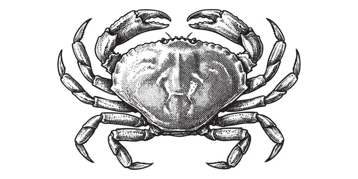 crab with pincers illustrated in a vintage black and white engraving style