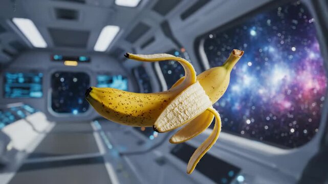 A surrealistic illustration of a banana peel floating in zero gravity inside a spaceship with a galaxy view