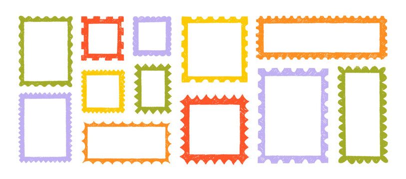 Colorful crayon drawn postal stamps and whimsical rippled frames. Vector wavy borders. Blank postage frames.