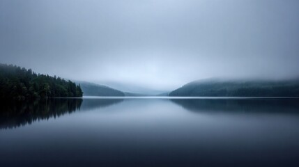 Fototapeta premium Misty lake reflecting a blurred sky and distant mountains creating a serene, tranquil atmosphere.