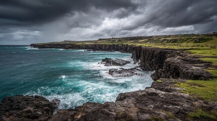 Jagged black volcanic rock coastline battered by stormy ocean waves under a dramatic cloudy sky