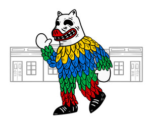 Person Wearing Traditional Ala Ursa Costume with White Mask and Colorful Outfit in Front of Northeastern Brazilian Houses