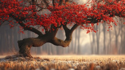 A Gnarled Ancient Rowan Tree Laden with Clusters of Vibrant Red Berries in a Misty Autumn Woodland Setting