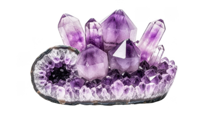 Amethyst geode cluster with crystals and druzy on transparent background