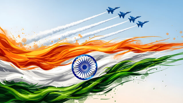 Vibrant illustration of the indian flag with fighter jets celebrating national day