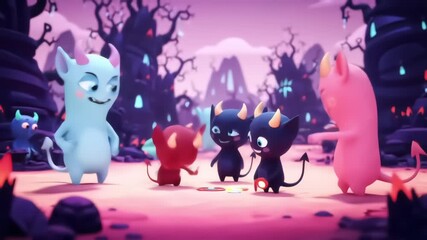 Group of cute 3D animated colorful cartoon monsters and little devils interacting in a whimsical purple fantasy landscape