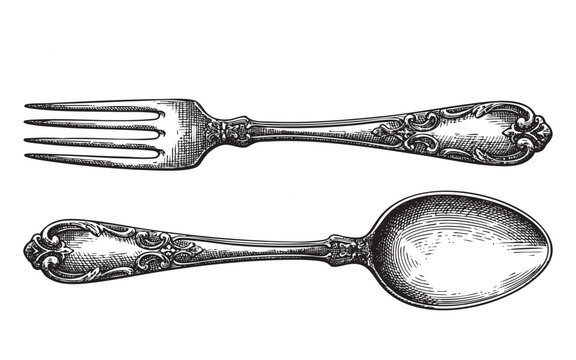 antique ornate silver fork and spoon vintage engraving illustration of cutlery