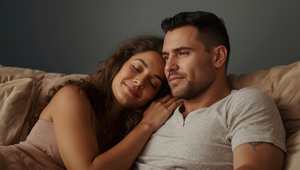 Obraz premium Romantic couple relaxing on couch, cozy domestic portrait, warm intimate mood