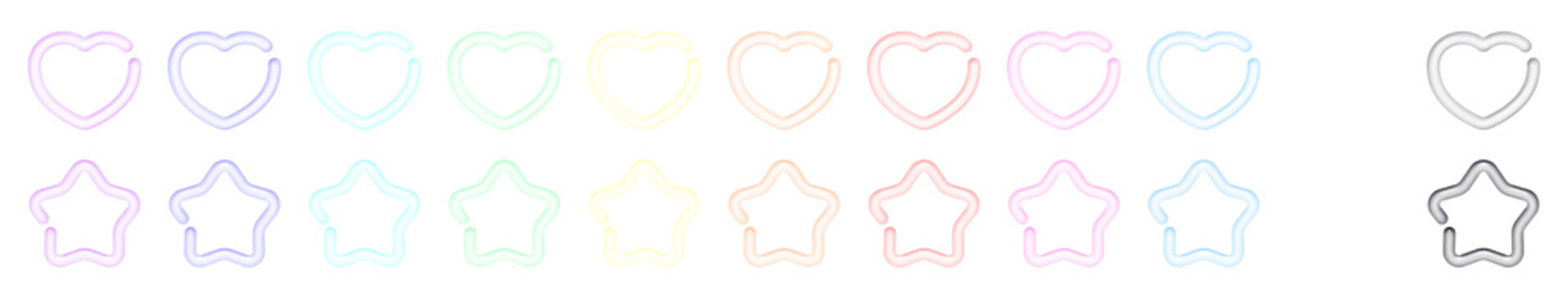 ハートと星のアイコンイラストセット ネオン・ガラス質感 パステルカラー 多色展開