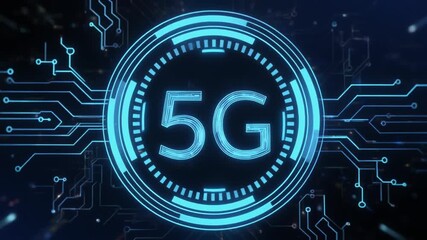 Futuristic 5G interface with glowing blue circuits and digital dashboard on dark tech background. - Powered by Adobe