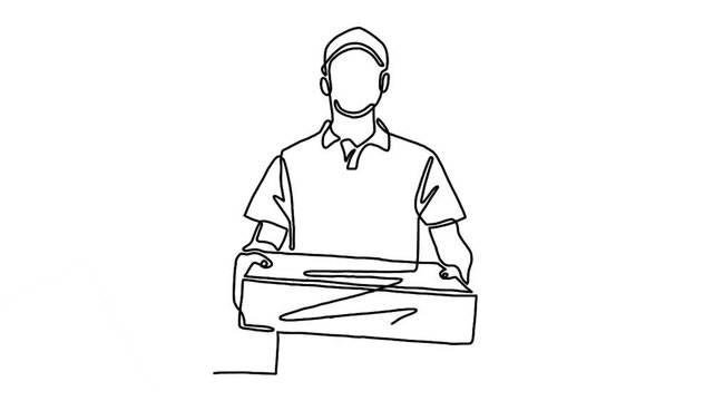 Continue line animation of courier man hold the box for delivery