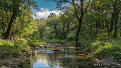 Sunlit forest creek with gentle reflections and peaceful green meadow