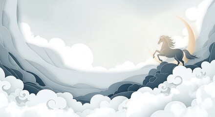 Majestic Horses Amid Auspicious Clouds Ethereal Layer Landscape Digital Art Serene Environment Dreamlike Viewpoint