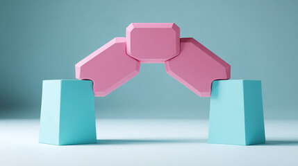 Abstract teamwork concept with interlocking geometric shapes on gradient.
