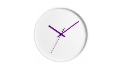 A white clock with purple hands isolated on transparent background