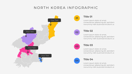 North Korea map infographic template with 4 options. North Korea administrative map infographic for presentation.