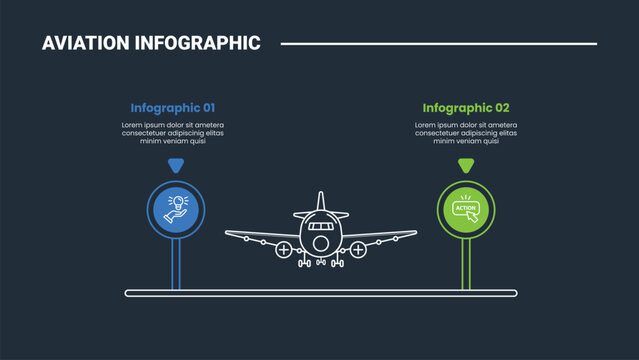 aviation infographic process diagram with plane front view with circle opposite comparison direction with dark background bright outline style 2 points
