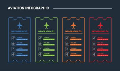 aviation infographic process diagram with ticket box plane container standing vertical with dark background bright outline style 4 points