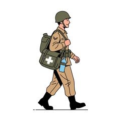 Soldier Walking with Medical Bag and Water Bottle