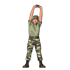 Soldier Stretching Arms Upwards in Camouflage Uniform, Military Fitness Exercise