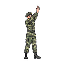 Soldier Signaling with Hands Raised in Military Uniform | Communication Gesture