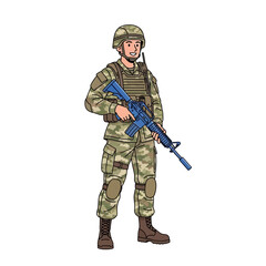 Cartoon Soldier Holding Rifle, Military Camouflage Uniform, Ready for Duty