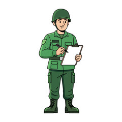 Cartoon Soldier Writing on Clipboard, Military Officer Illustration