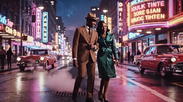 Romantic stroll through the city lights - A vintage couples night out.